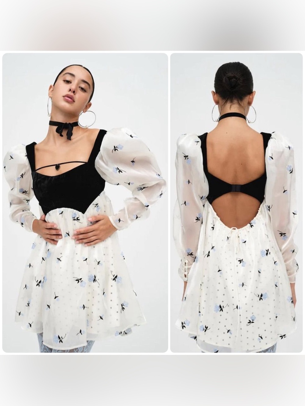 For Love And Lemons Marcella Floral Puff Sleeve Black Bodice Mini Dress NET $228